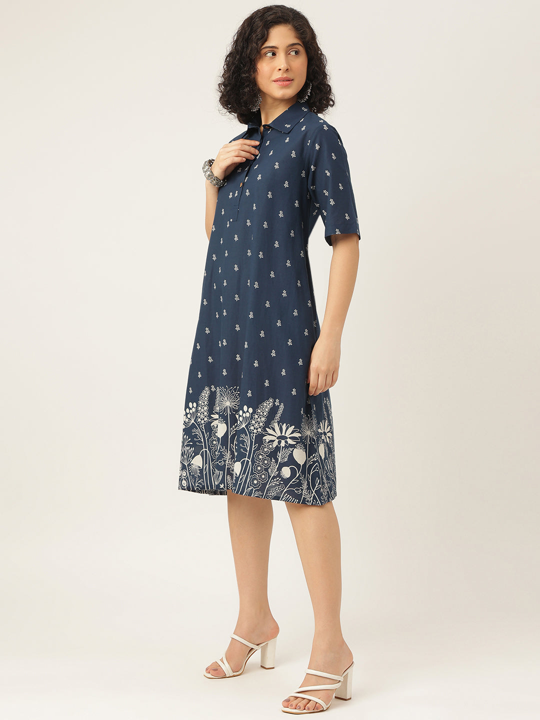 Blue Printed A-Line Cotton Shirt Dress