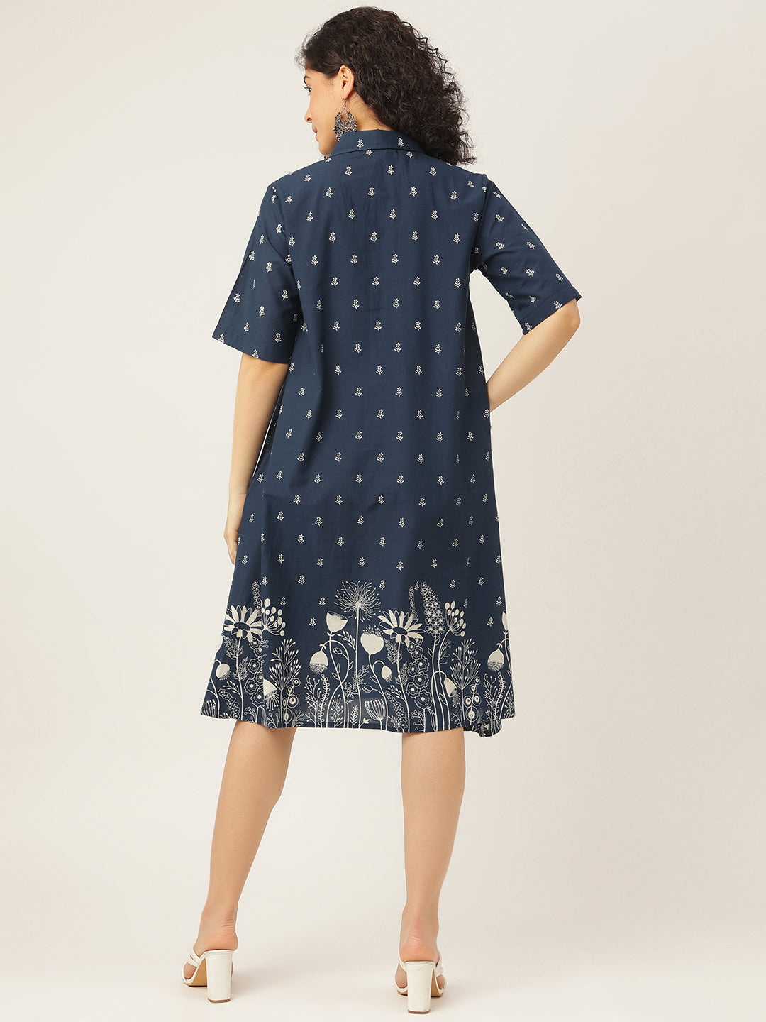 Blue Printed A-Line Cotton Shirt Dress
