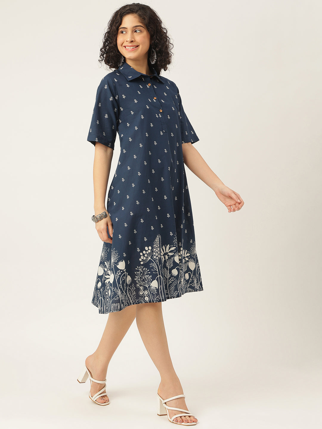 Blue Printed A-Line Cotton Shirt Dress