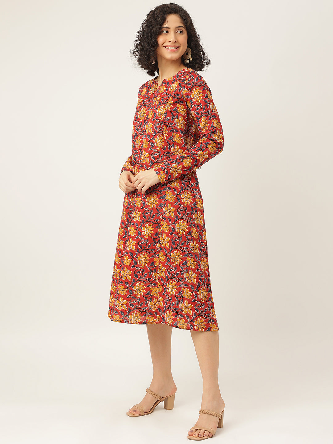 Red Printed Full Sleeve A-Line Cotton Dress