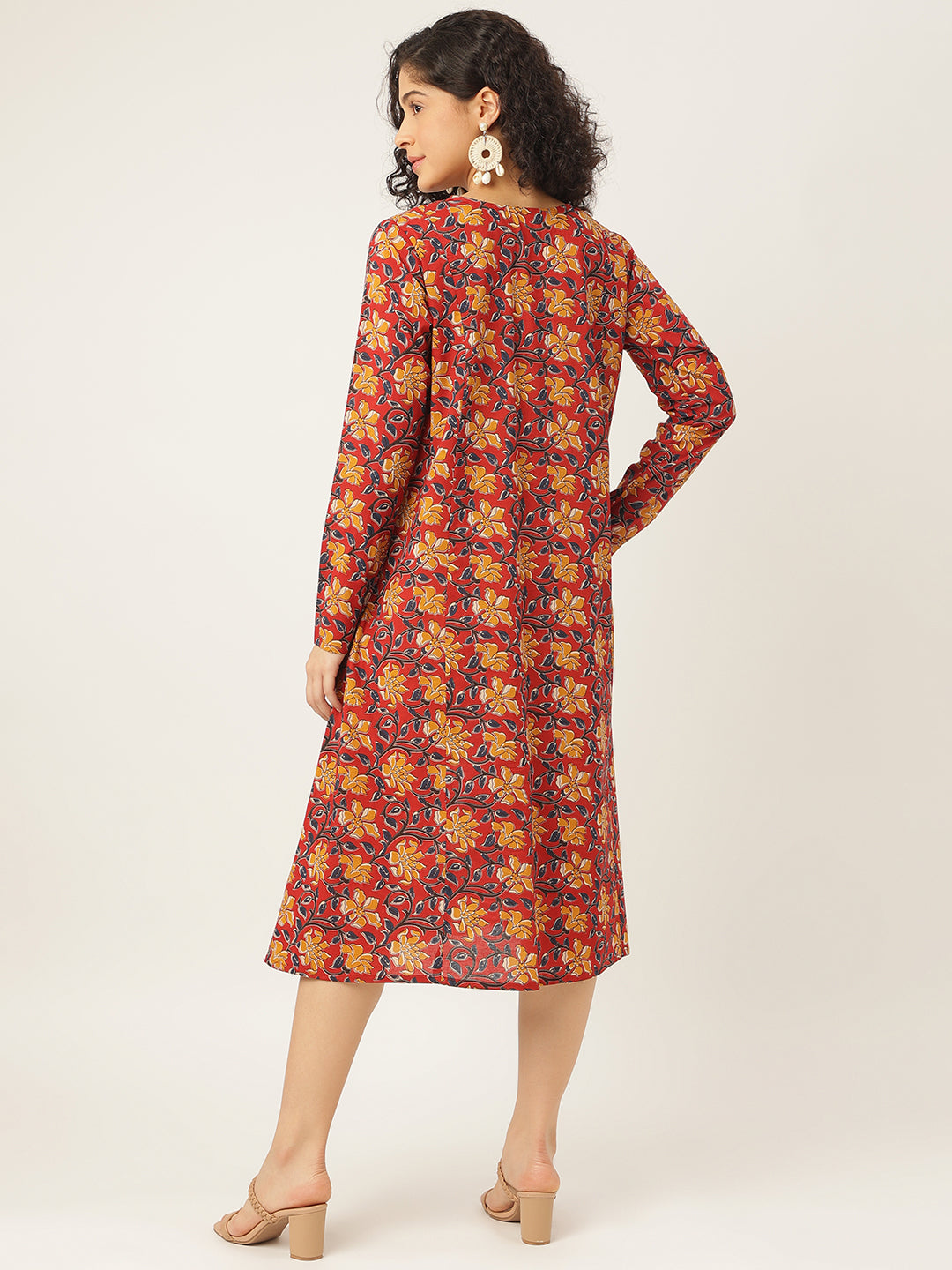 Red Printed Full Sleeve A-Line Cotton Dress