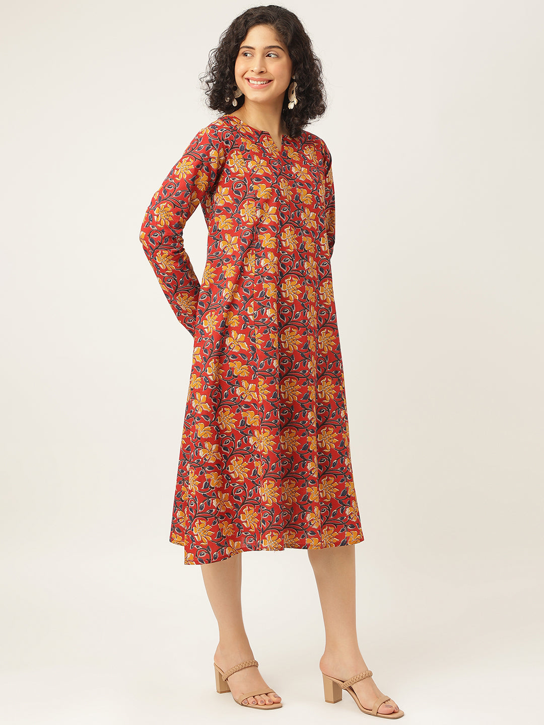 Red Printed Full Sleeve A-Line Cotton Dress