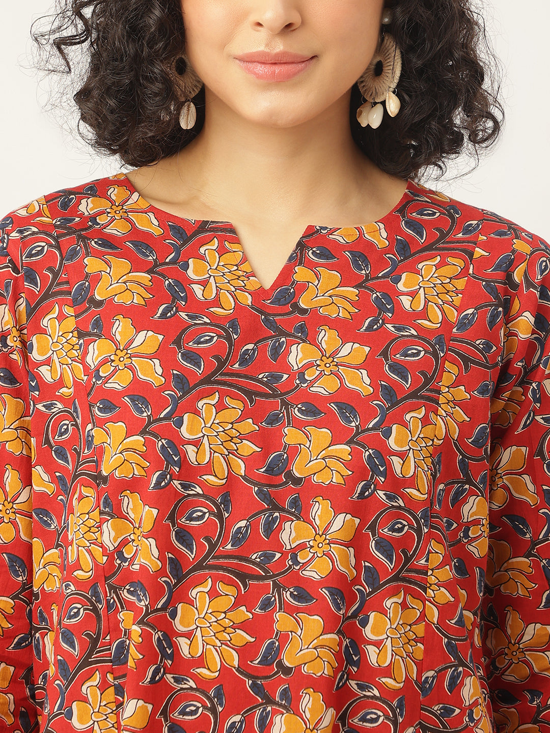 Red Printed Full Sleeve A-Line Cotton Dress