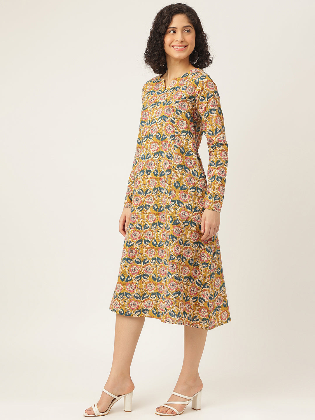 Mustard Printed Full Sleeve A-Line Cotton Dress