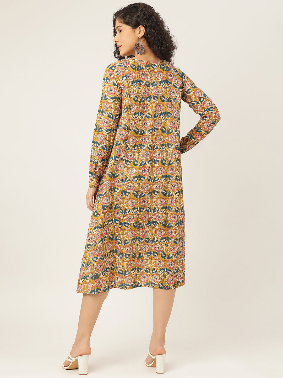 Mustard Printed Full Sleeve A-Line Cotton Dress