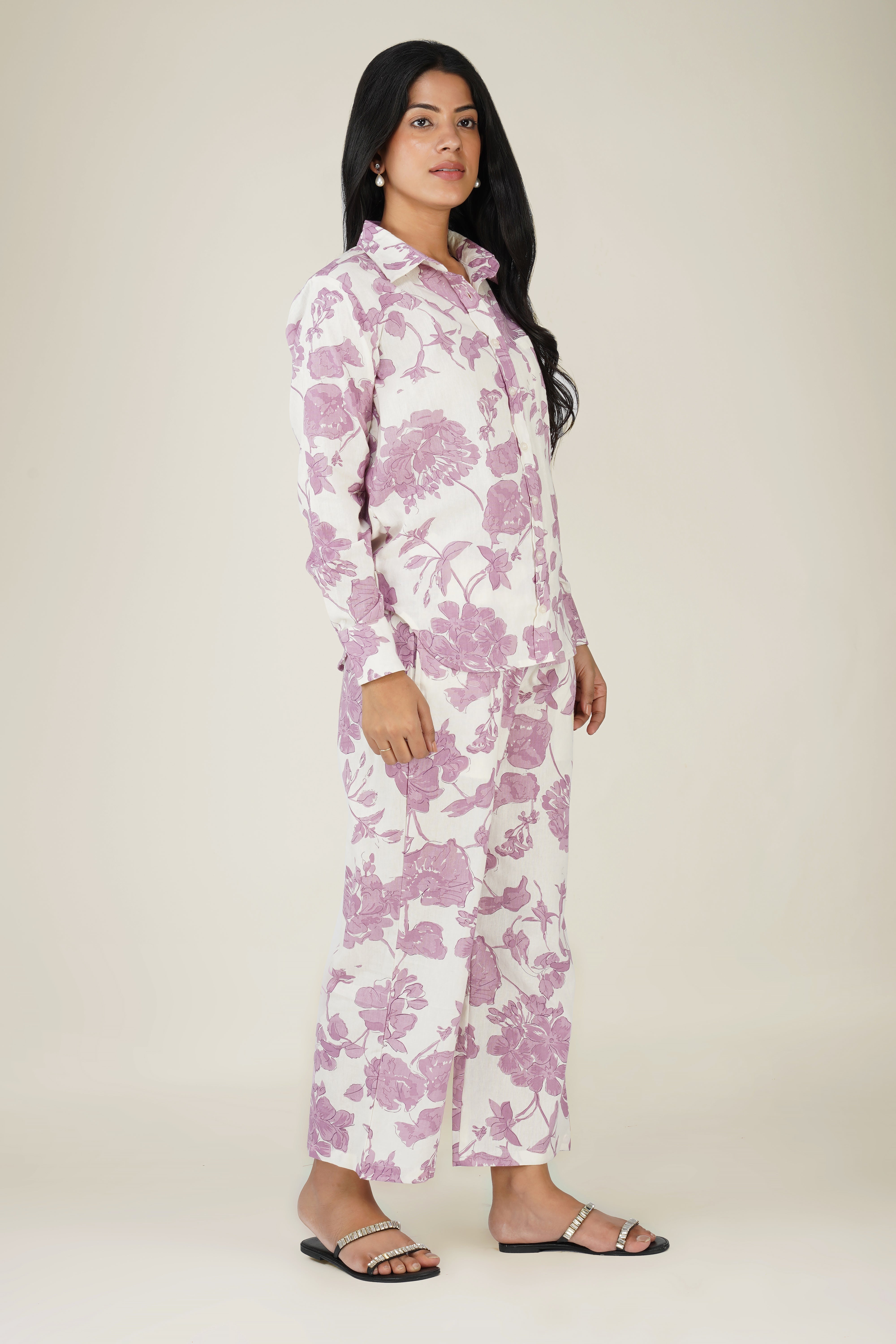 White & Purple Printed Cotton Co-ord Set