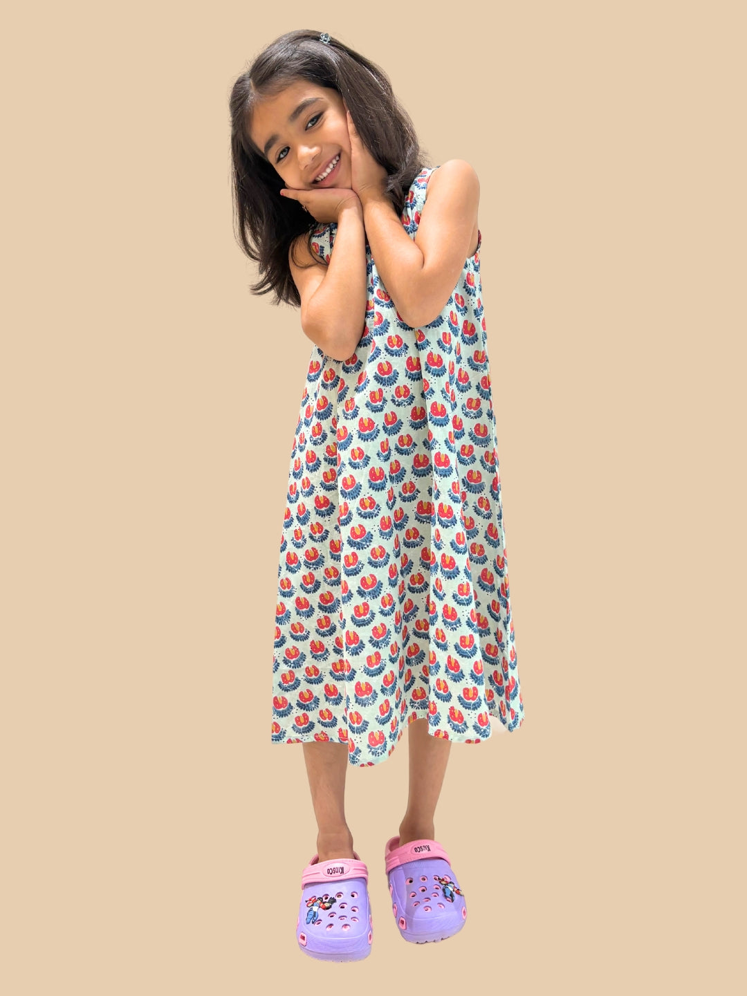 Sea Green Printed A-Line Sleeveless Cotton Dress