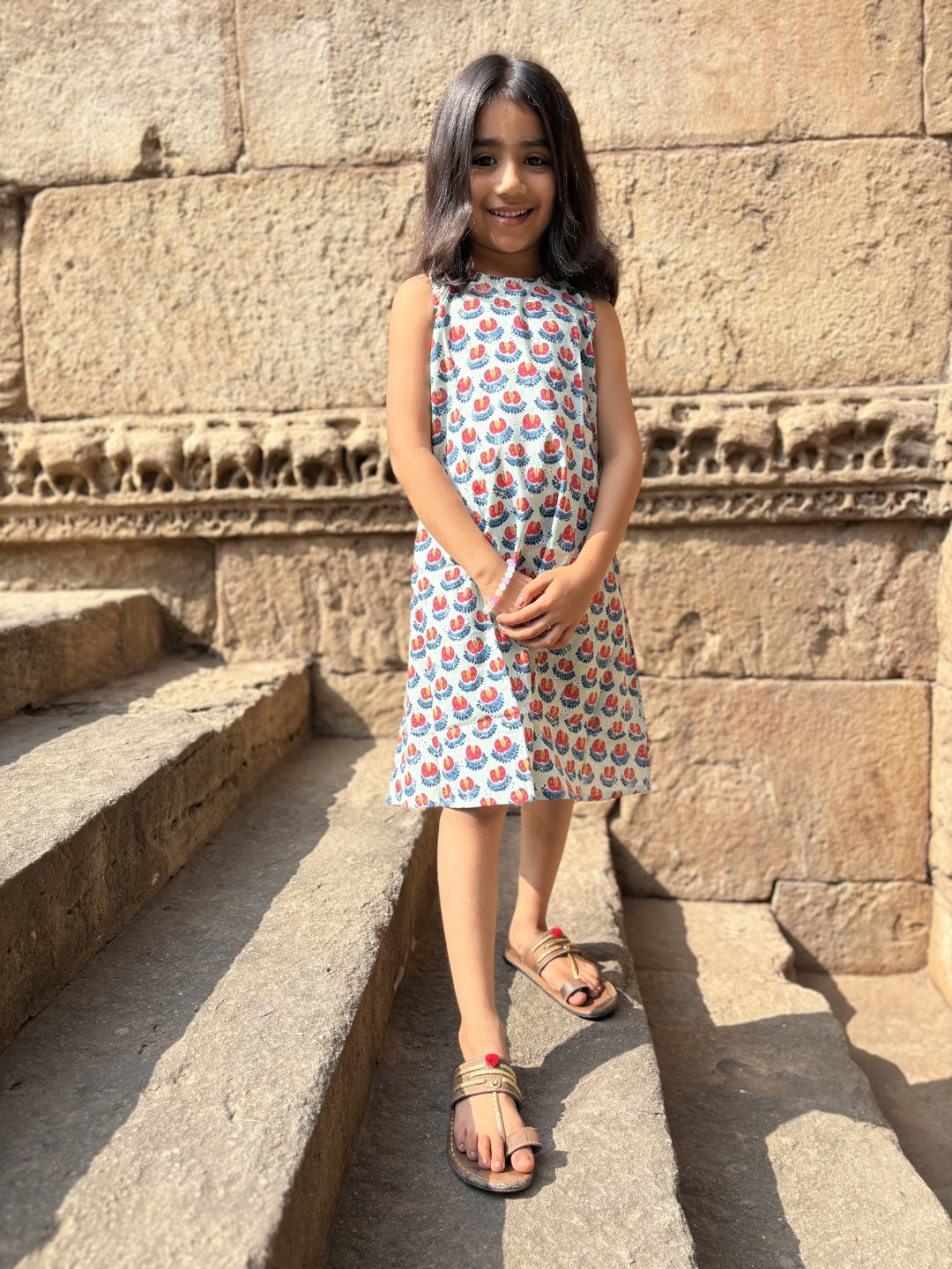 Sea Green Printed A-Line Sleeveless Cotton Dress