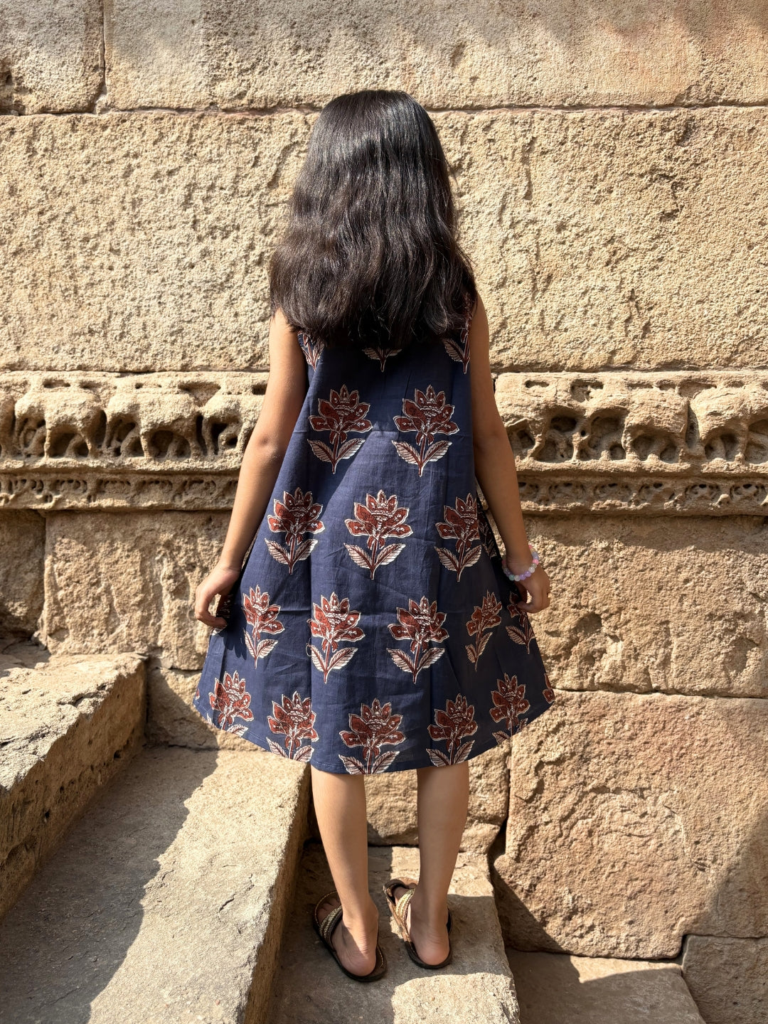 Navy Blue Printed A-Line Sleeveless Cotton Dress
