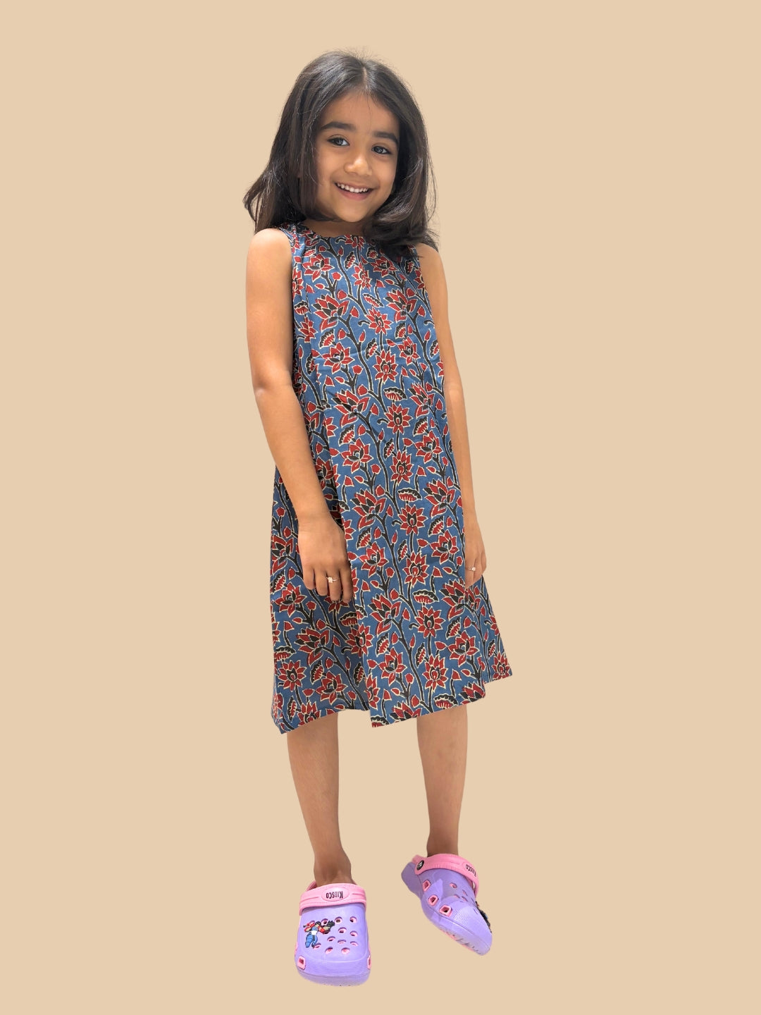 Blue Printed A-Line Sleeveless Cotton Dress