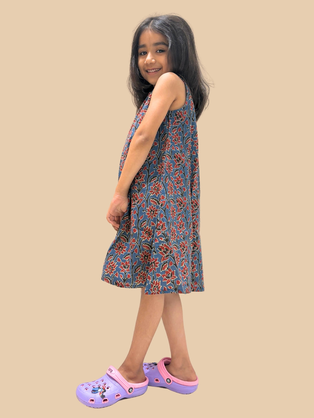 Blue Printed A-Line Sleeveless Cotton Dress