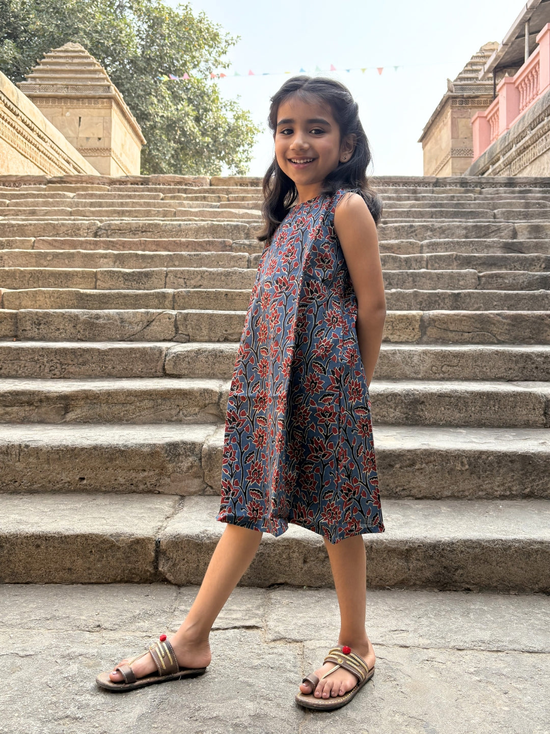 Blue Printed A-Line Sleeveless Cotton Dress