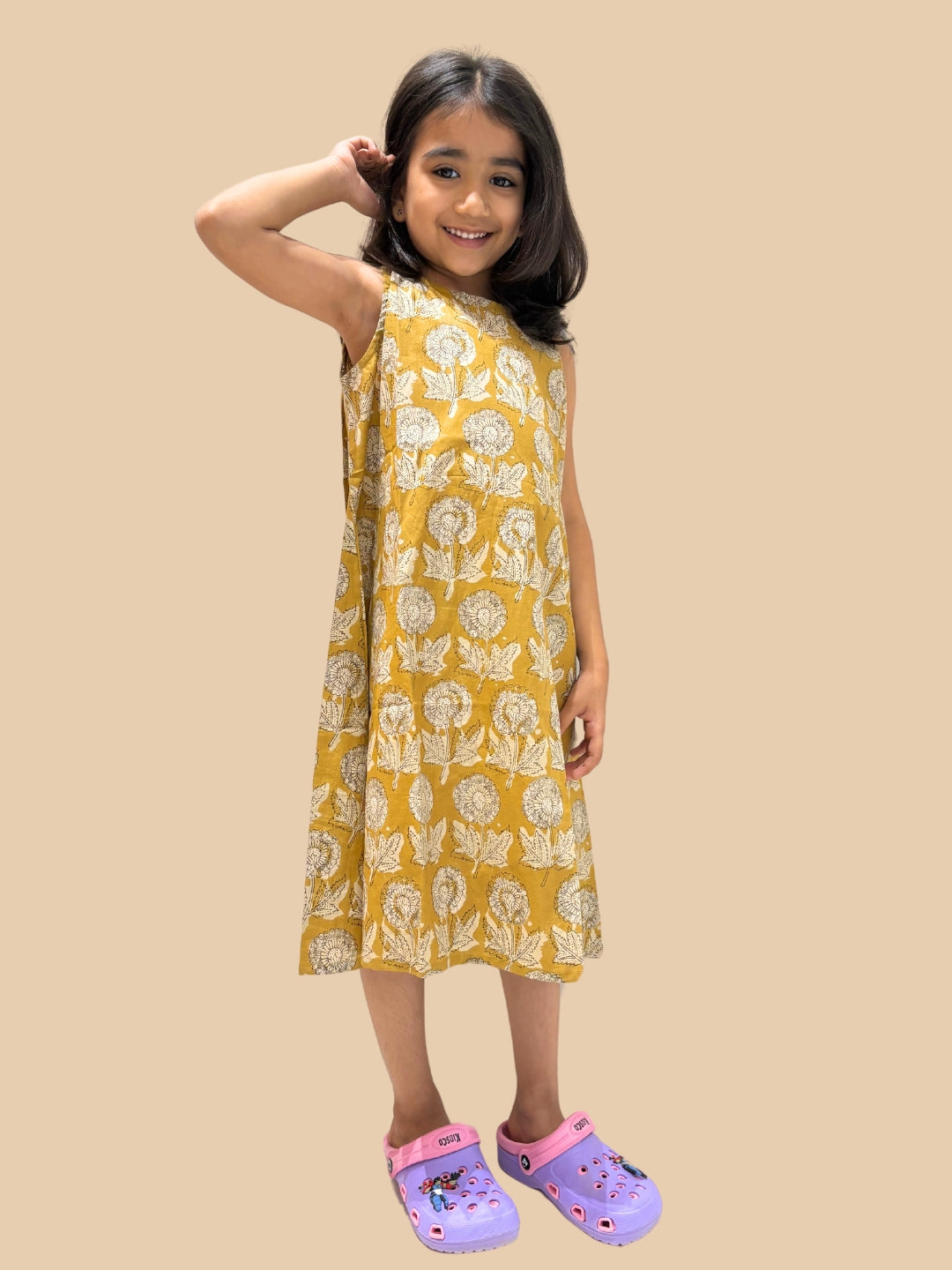 Mustard Printed A-Line Sleeveless Cotton Dress