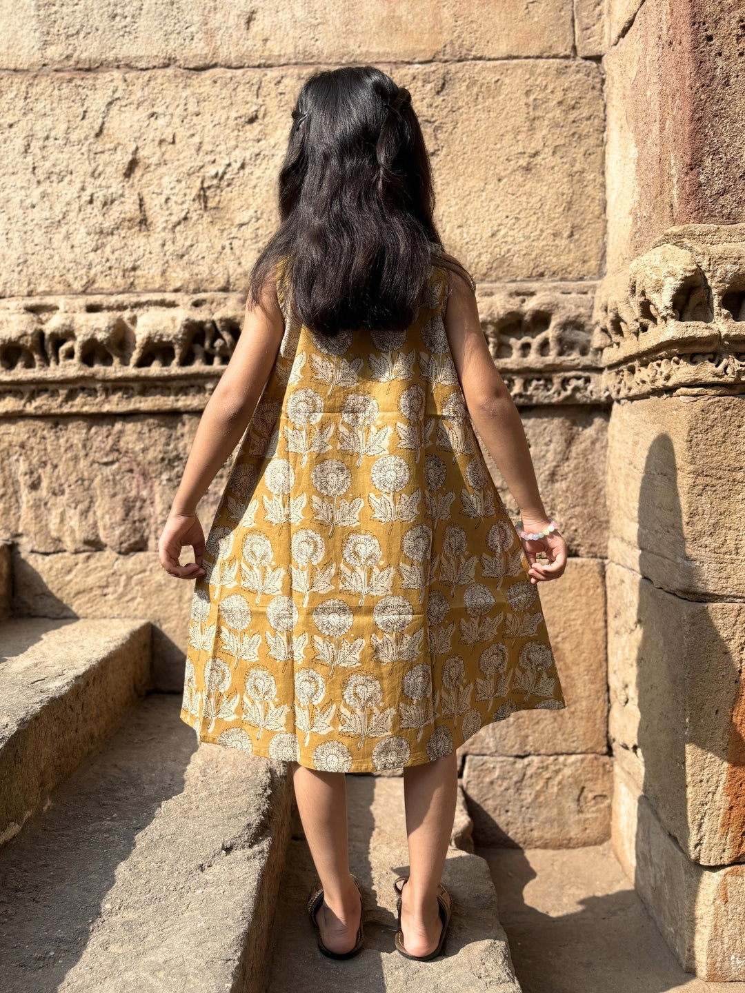 Mustard Printed A-Line Sleeveless Cotton Dress