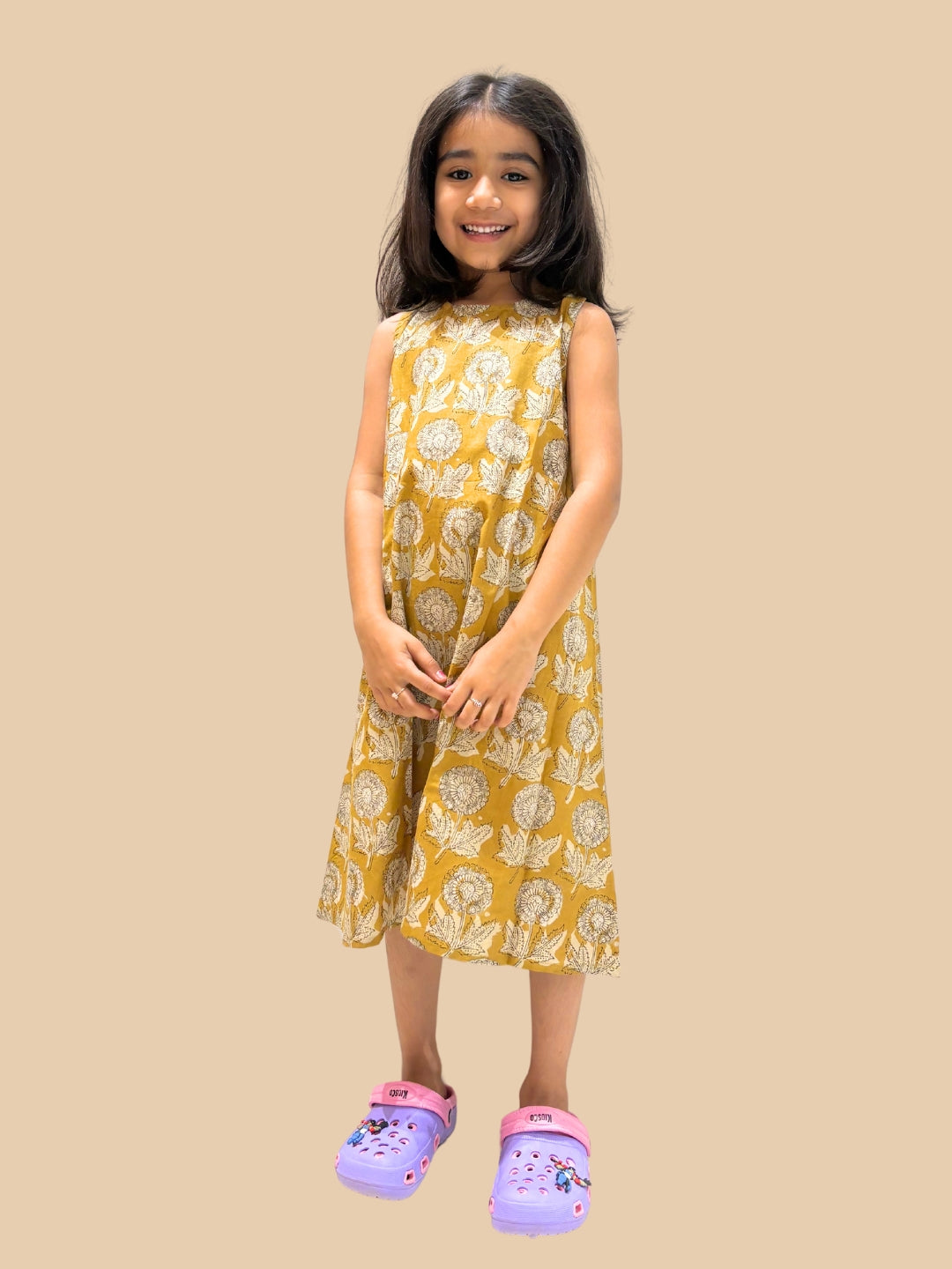Mustard Printed A-Line Sleeveless Cotton Dress