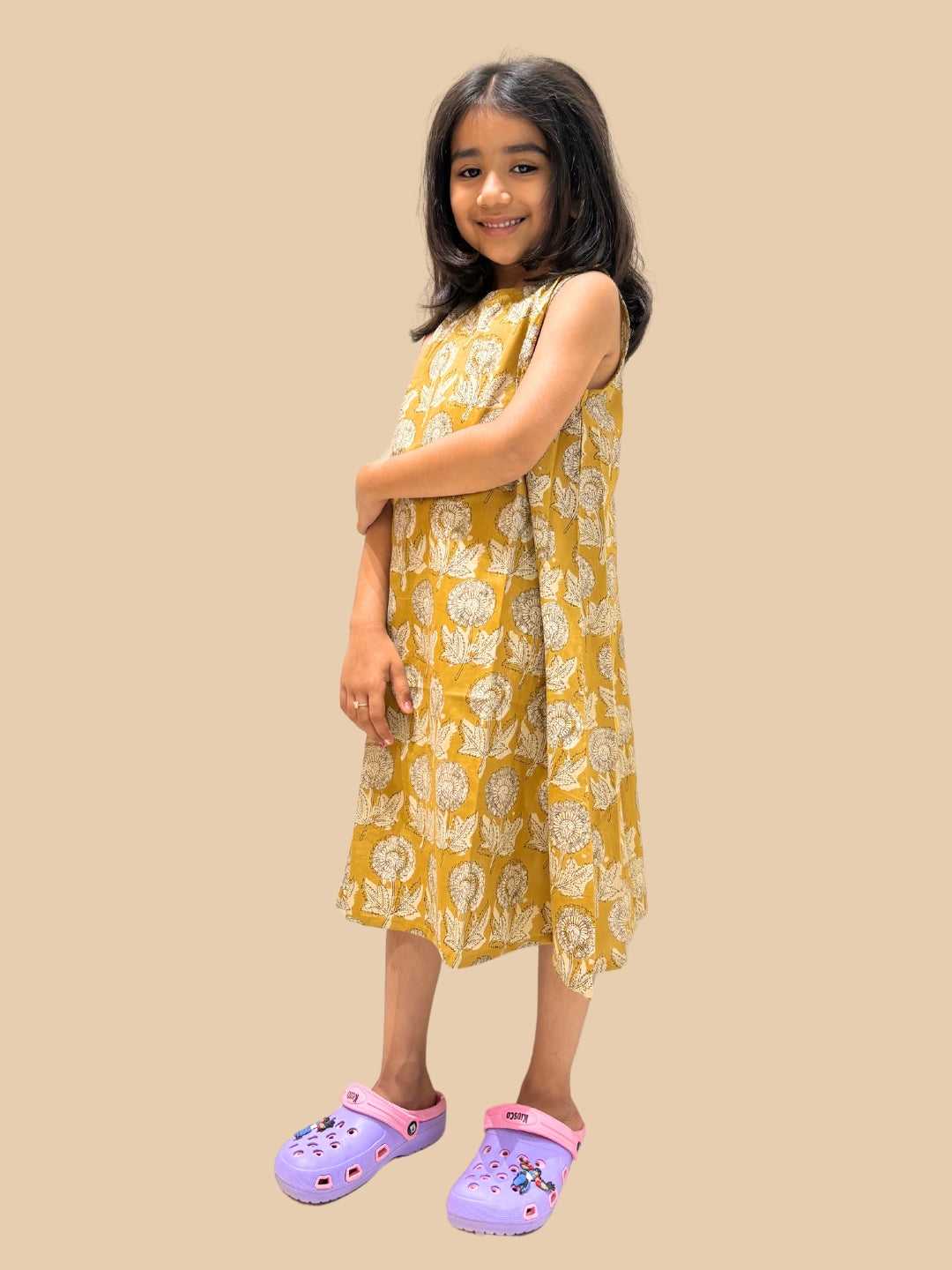 Mustard Printed A-Line Sleeveless Cotton Dress