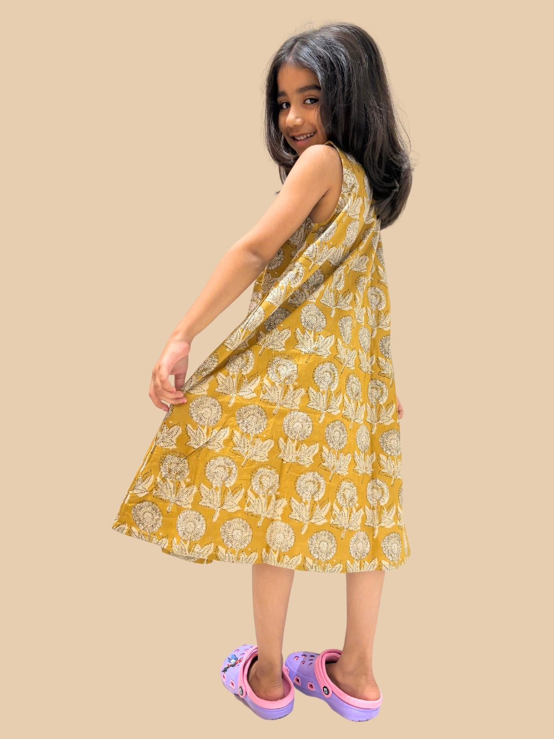 Mustard Printed A-Line Sleeveless Cotton Dress