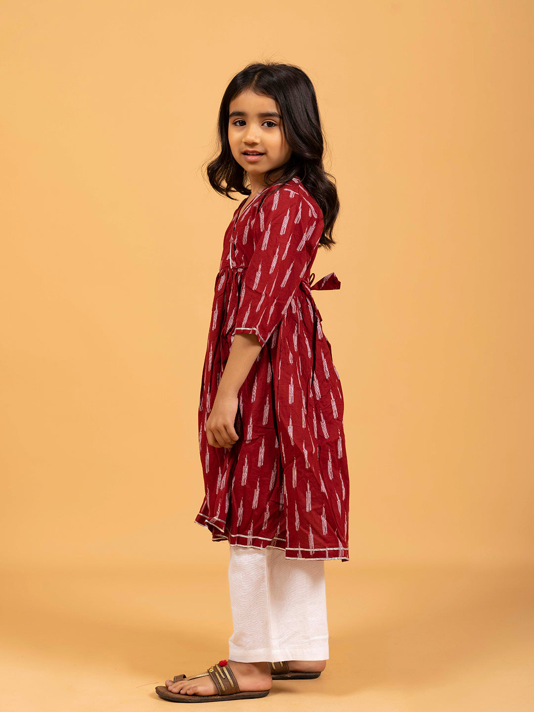 Kids Maroon Printed Cotton Angrakha Dress