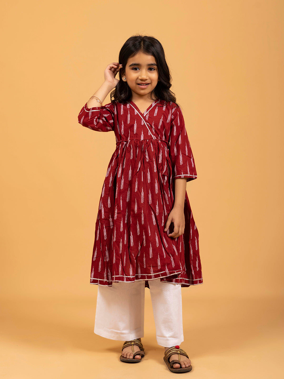 Kids Maroon Printed Cotton Angrakha Dress