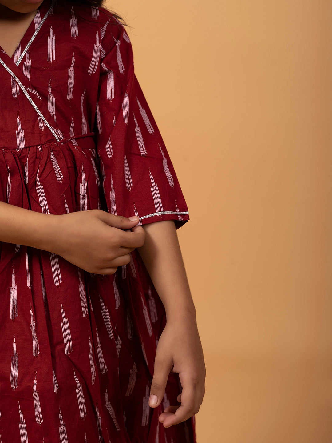 Kids Maroon Printed Cotton Angrakha Dress