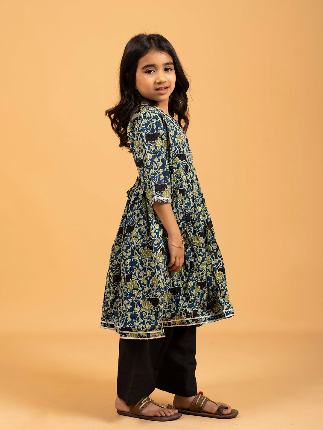 Kids Blue Kalamkari Printed Cotton Angrakha Dress
