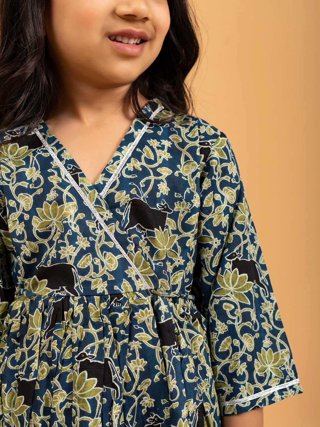 Kids Blue Kalamkari Printed Cotton Angrakha Dress