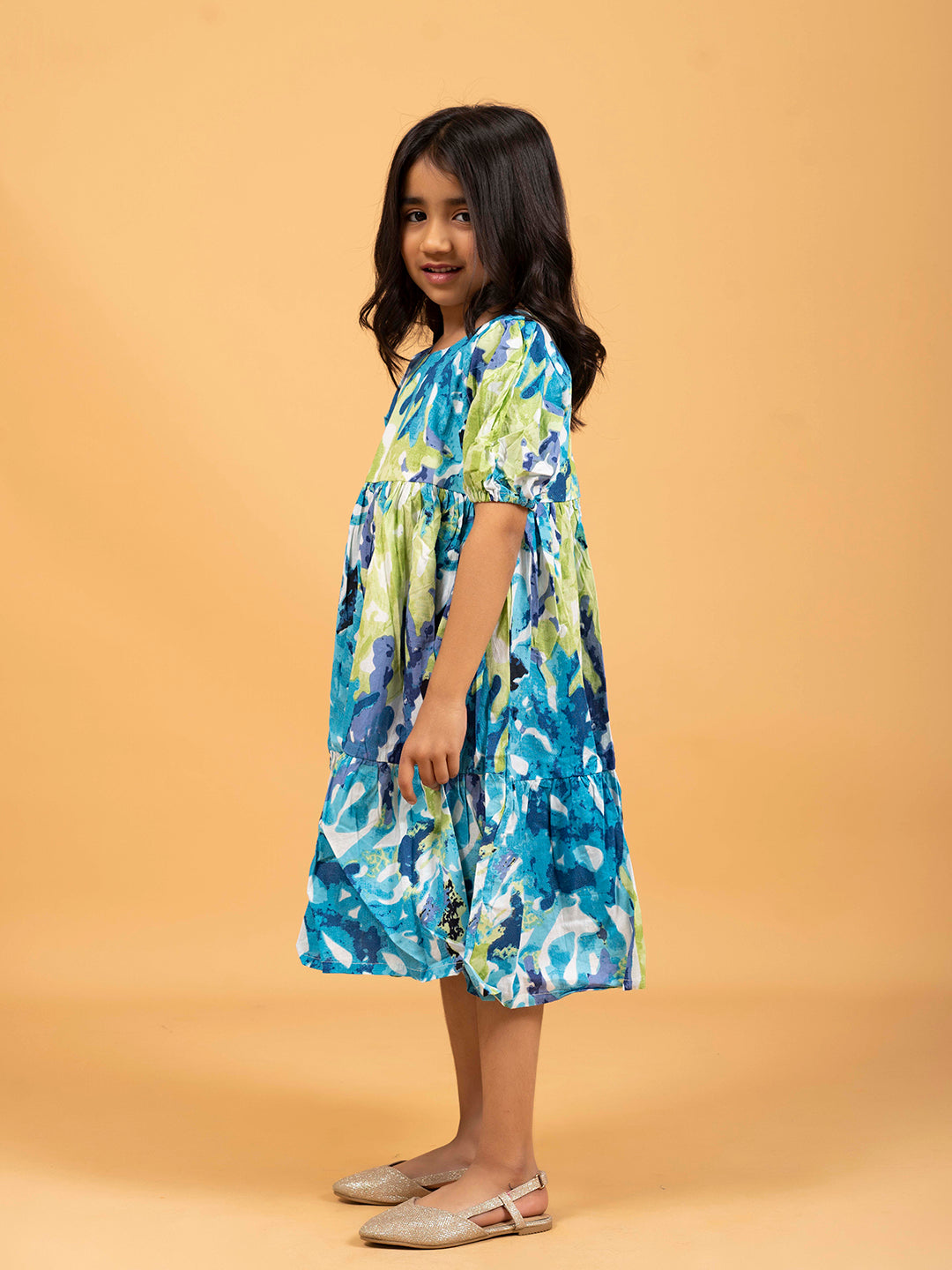 Kids Green & Blue Abstract Print Half-Sleeve Dress