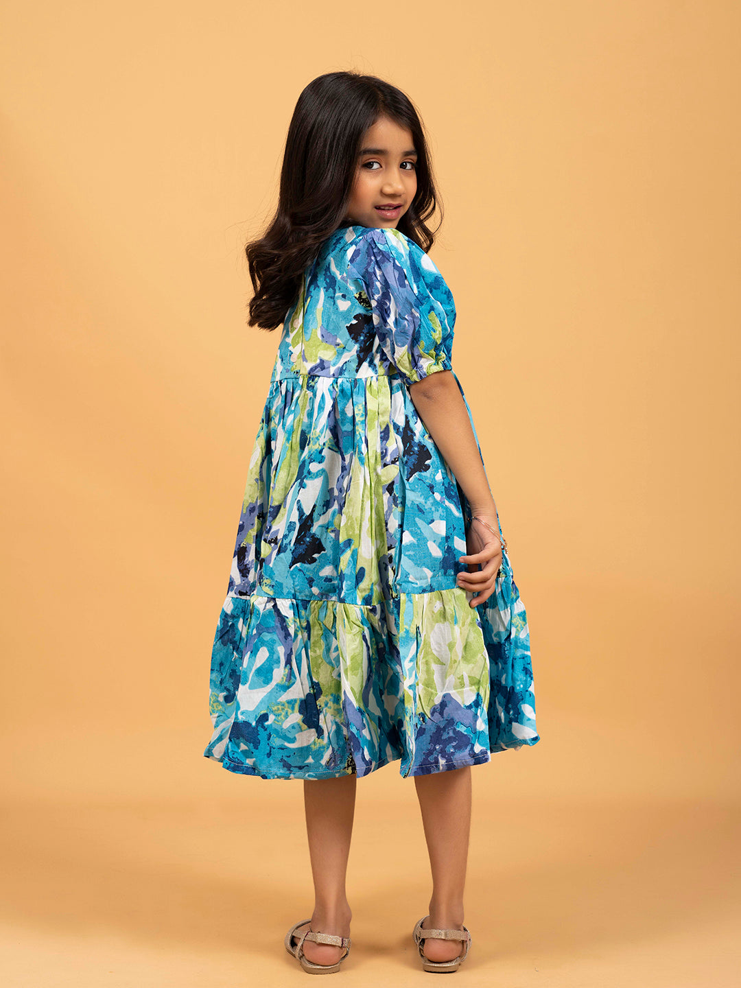 Kids Green & Blue Abstract Print Half-Sleeve Dress