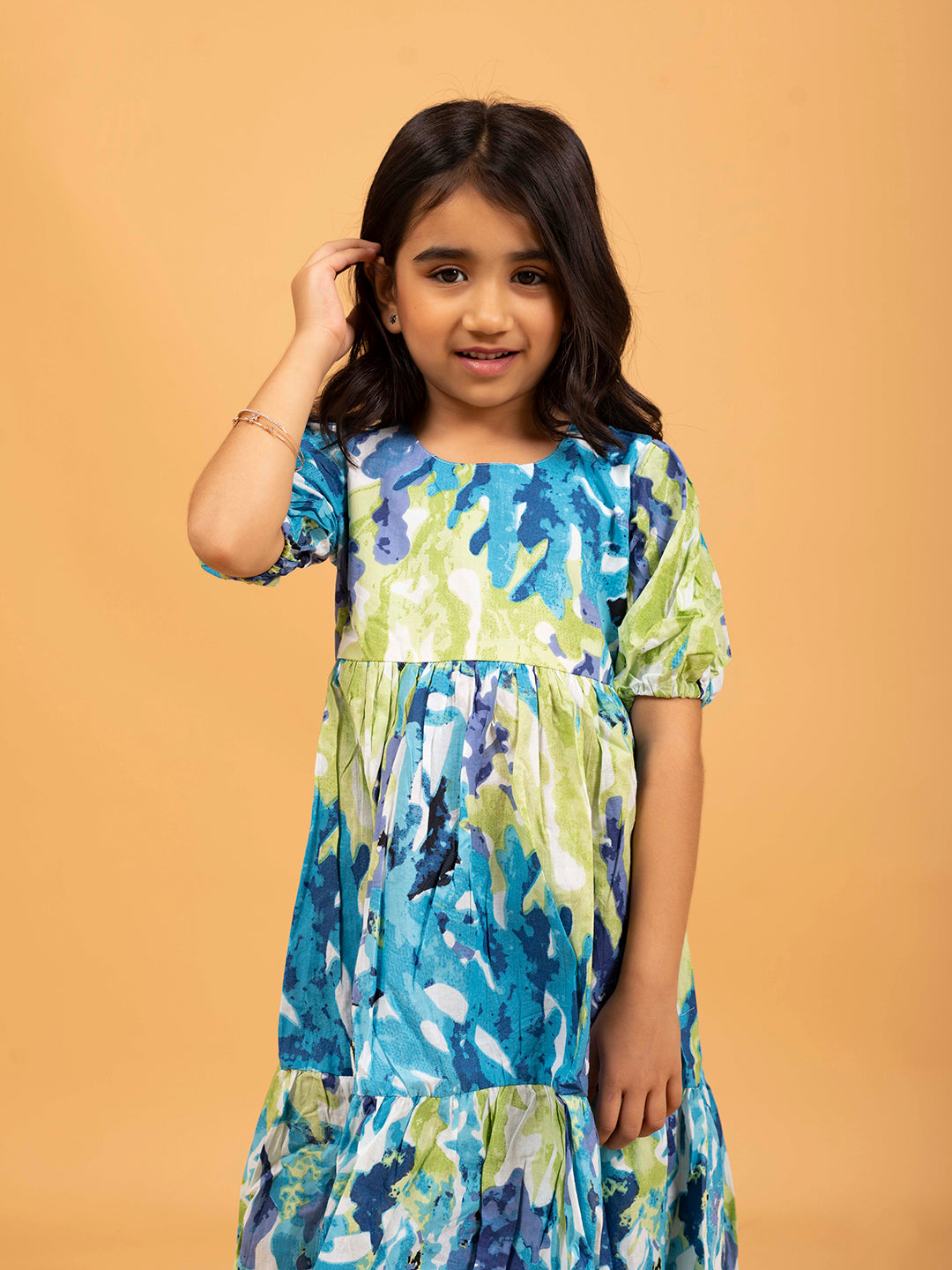 Kids Green & Blue Abstract Print Half-Sleeve Dress
