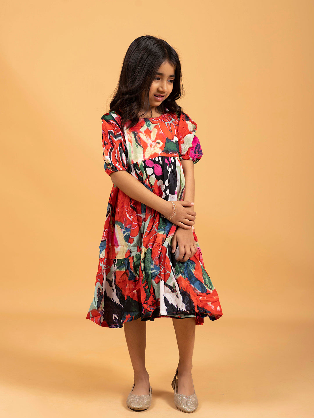 Kids Red & Black Multicolor Half-Sleeve Dress
