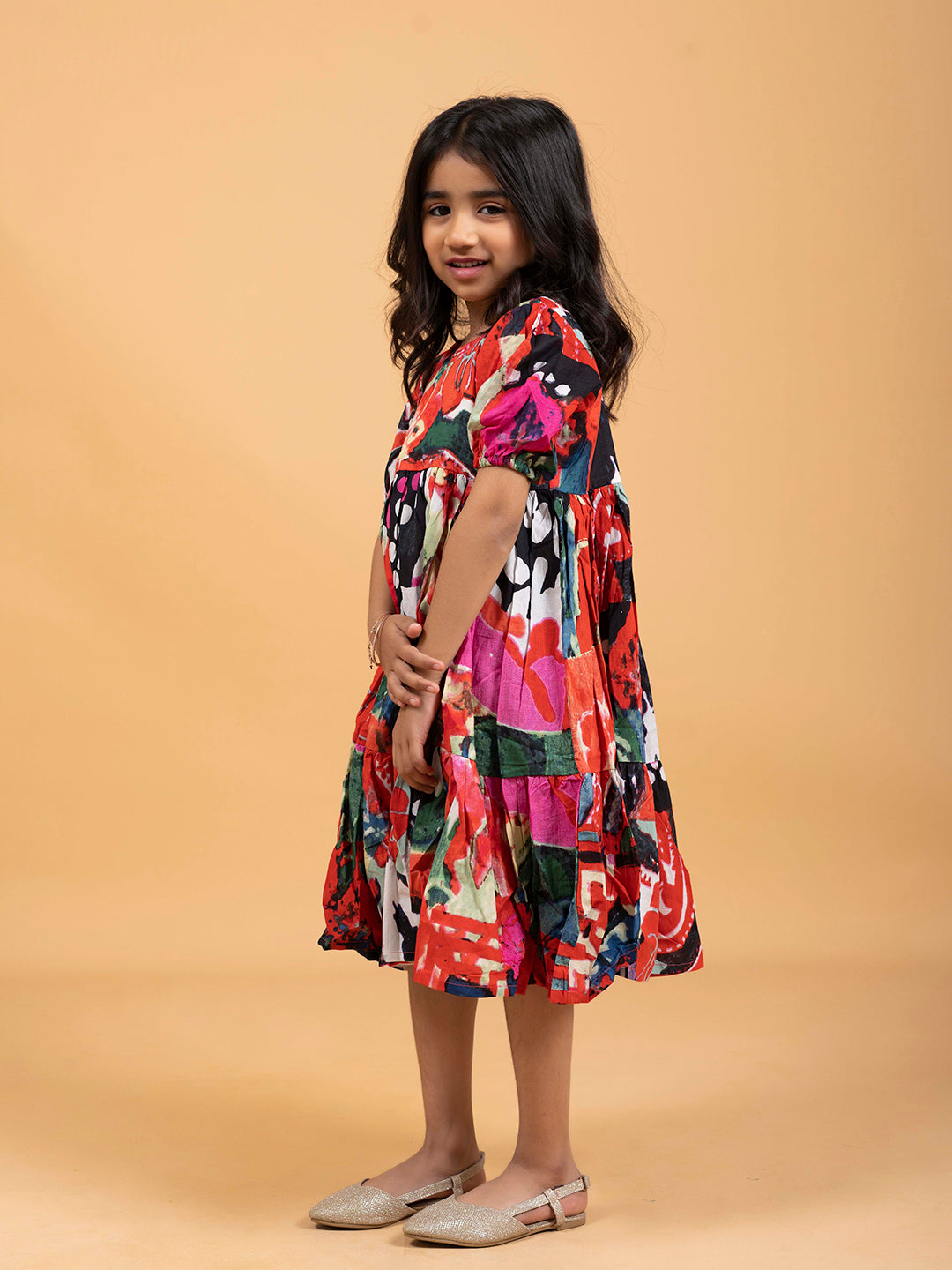 Kids Red & Black Multicolor Half-Sleeve Dress