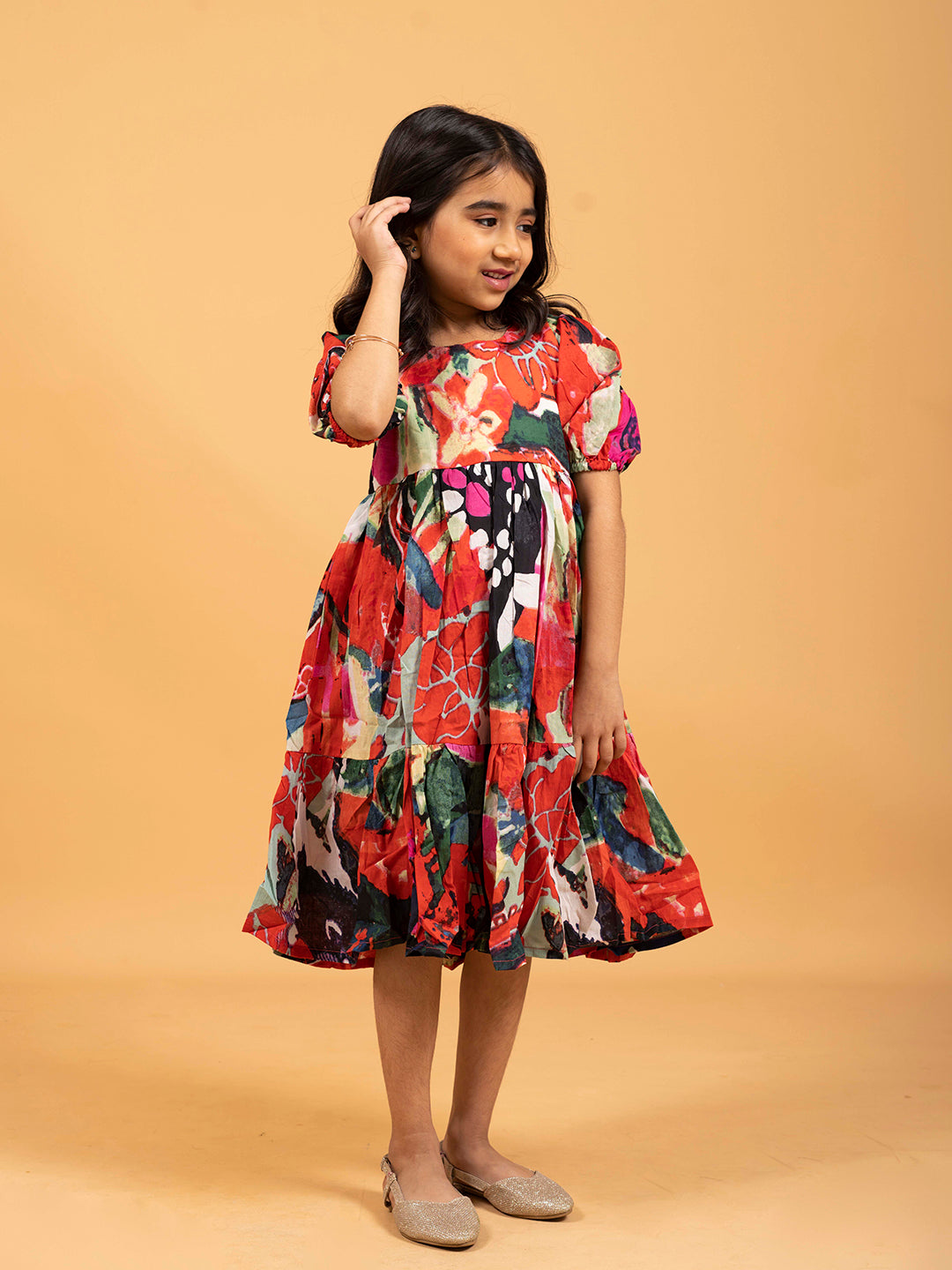 Kids Red & Black Multicolor Half-Sleeve Dress