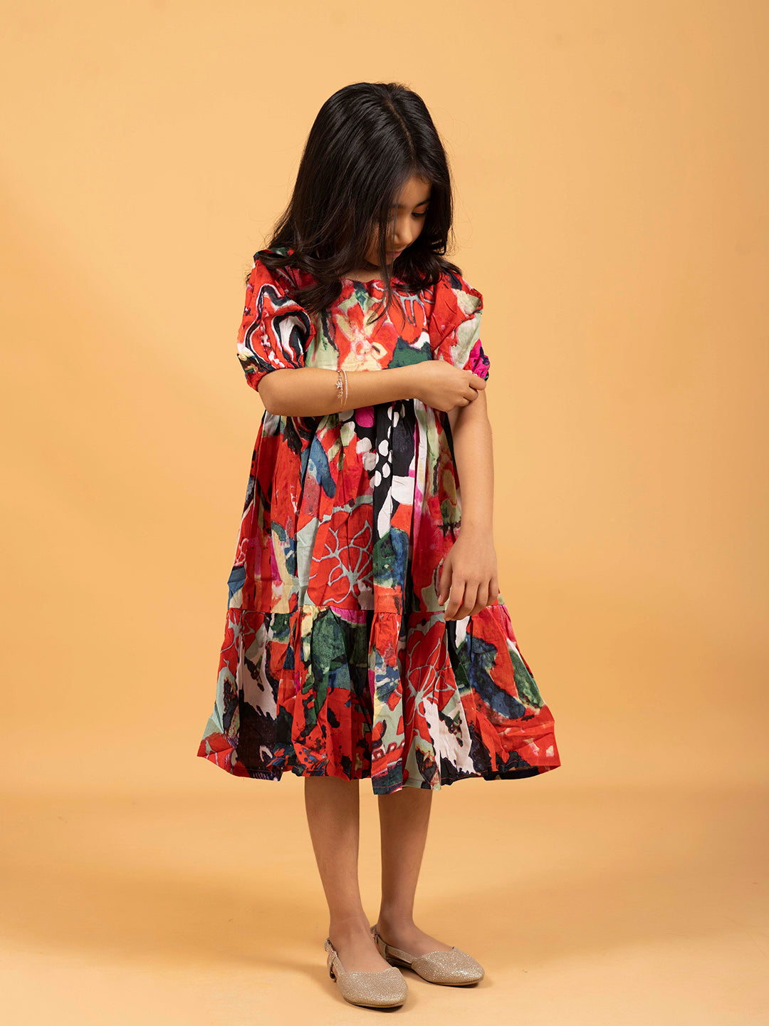 Kids Red & Black Multicolor Half-Sleeve Dress