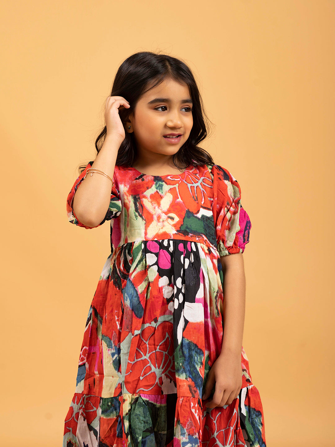 Kids Red & Black Multicolor Half-Sleeve Dress
