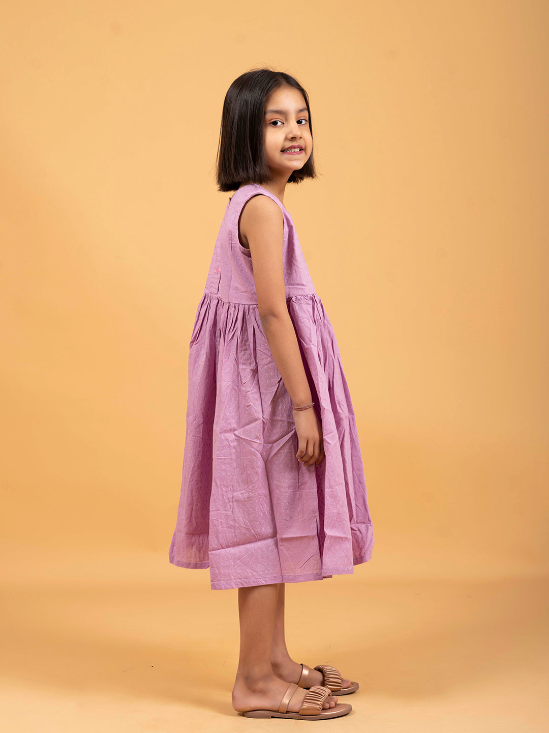 Kids Lavender Printed Sleeveless Cotton Dress