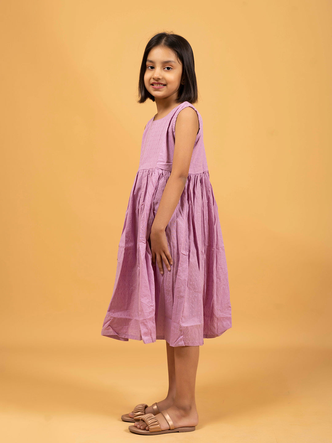 Kids Lavender Printed Sleeveless Cotton Dress