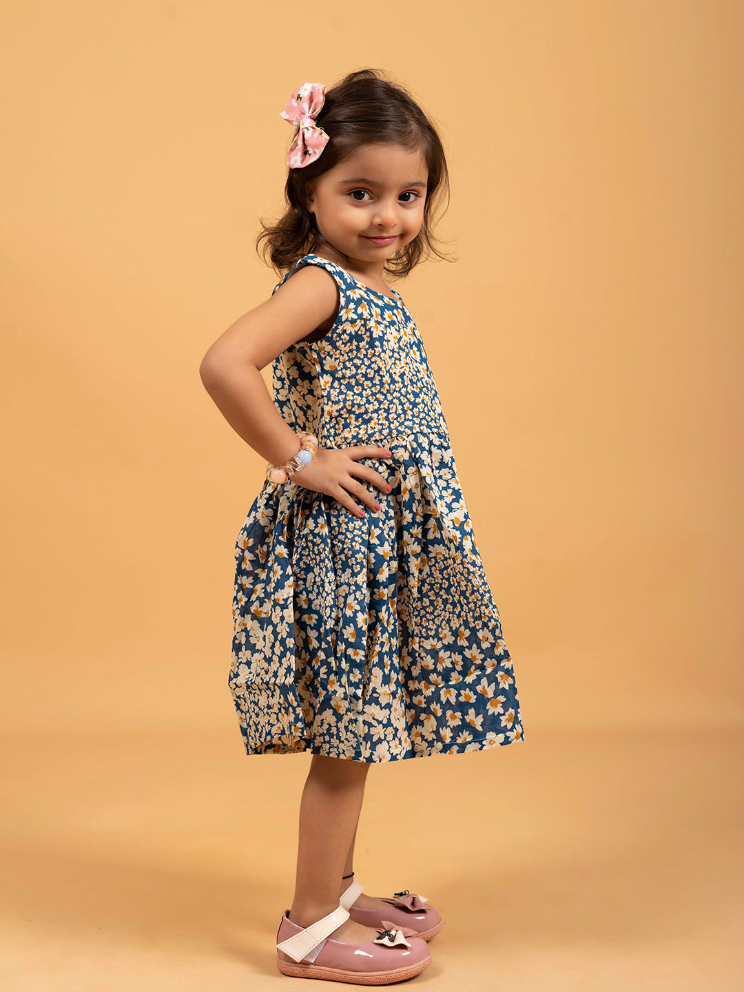 Kids Blue Floral Printed Sleeveless Cotton Dress