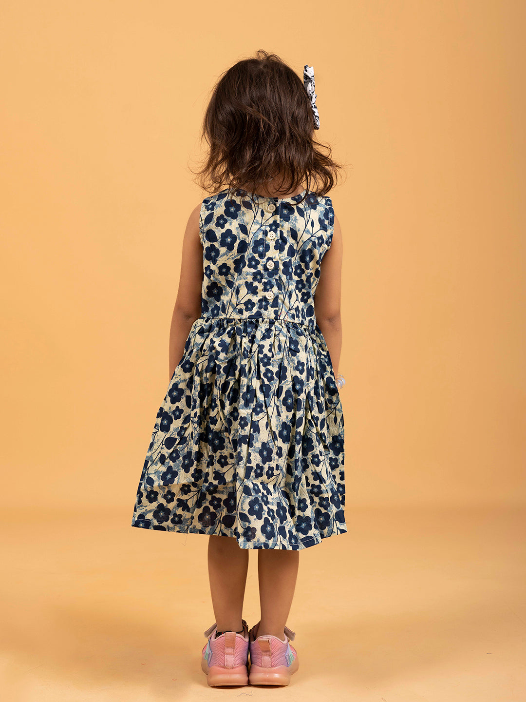 Kids Blue Floral Printed Sleeveless Cotton Dress