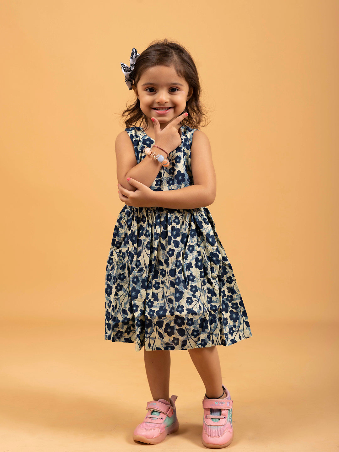 Kids Blue Floral Printed Sleeveless Cotton Dress