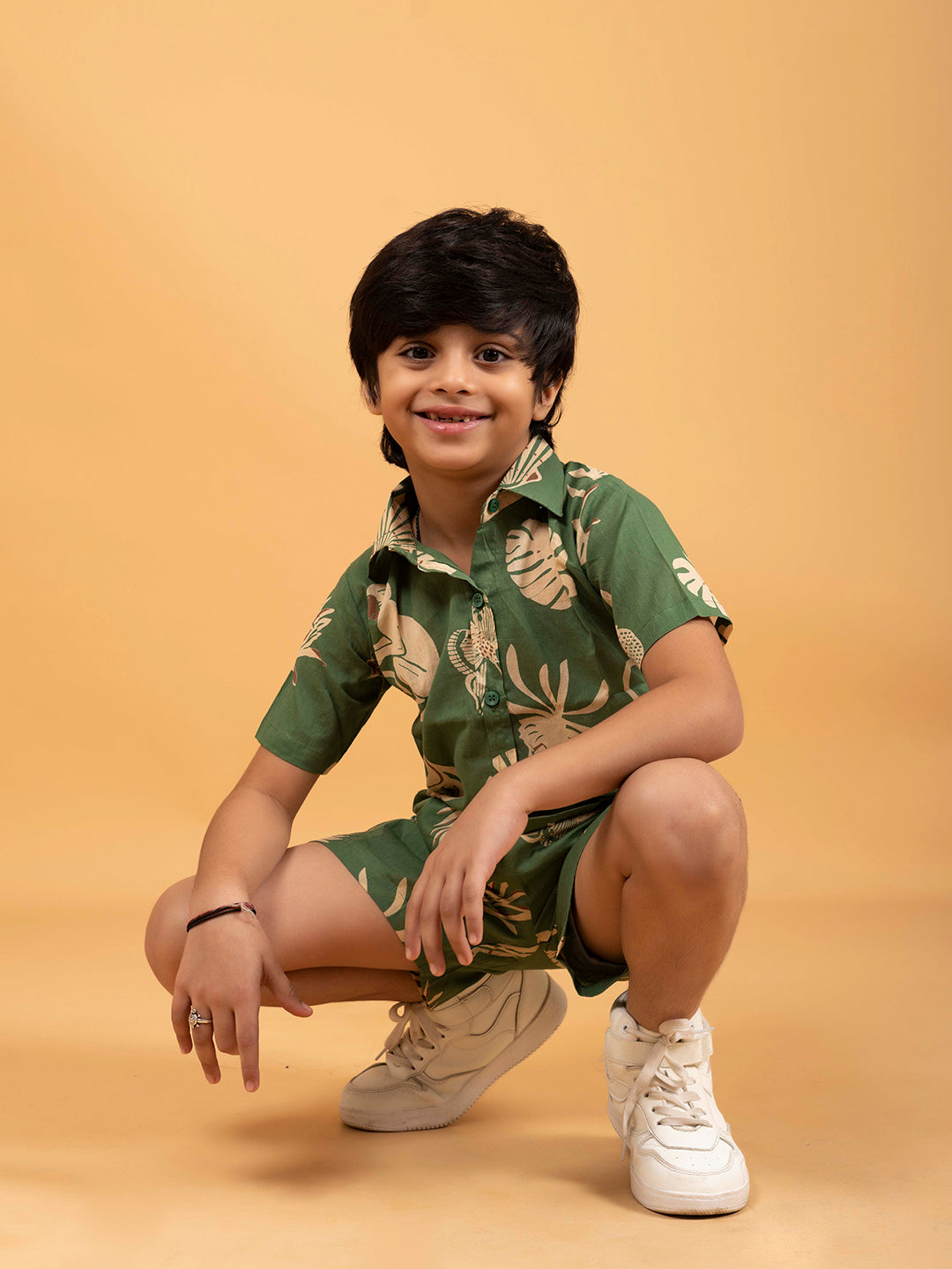 Kids Unisex Green Half-Sleeve Shirt and Short Set