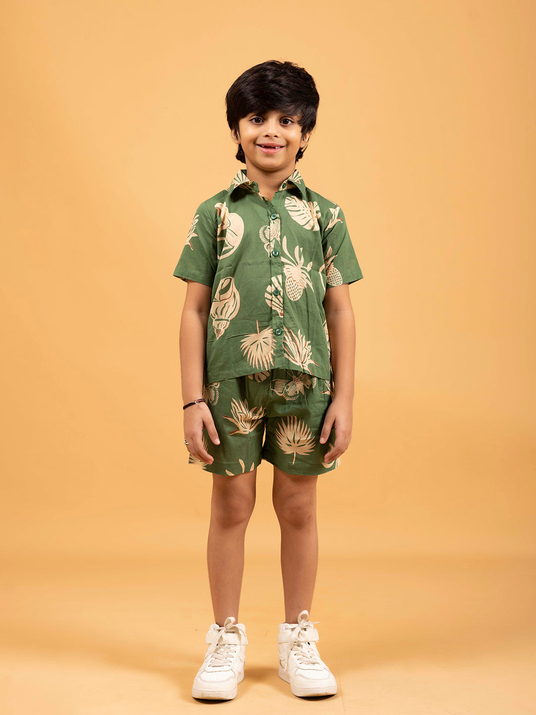 Kids Unisex Green Half-Sleeve Shirt and Short Set