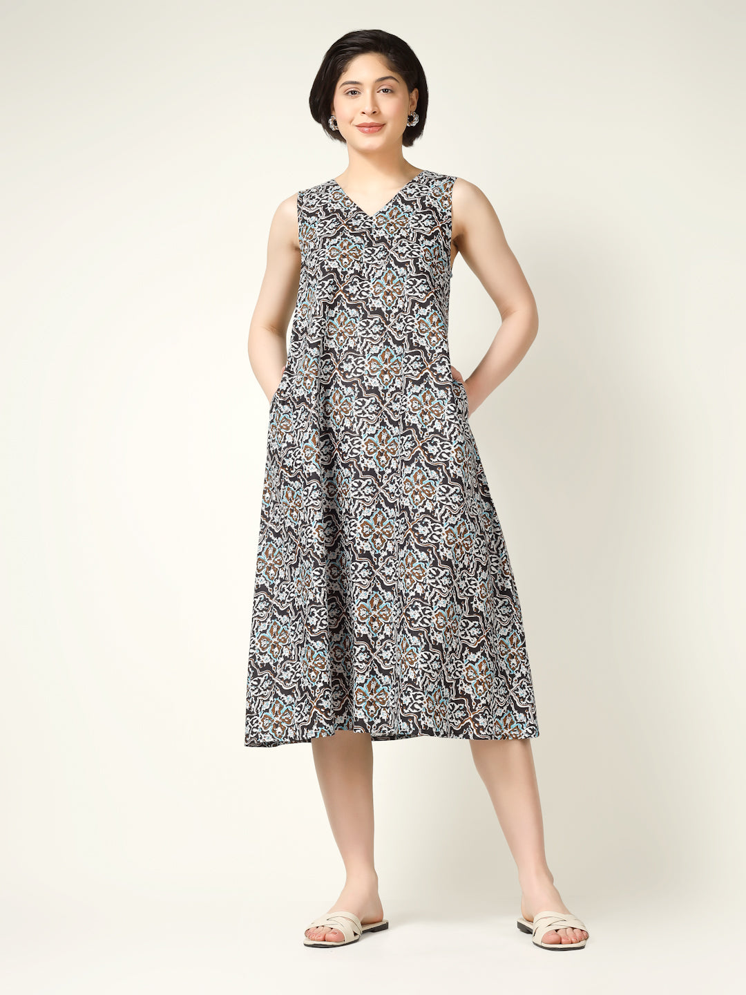 Black Printed Sleeveless V-Neck A-Line Cotton Dress