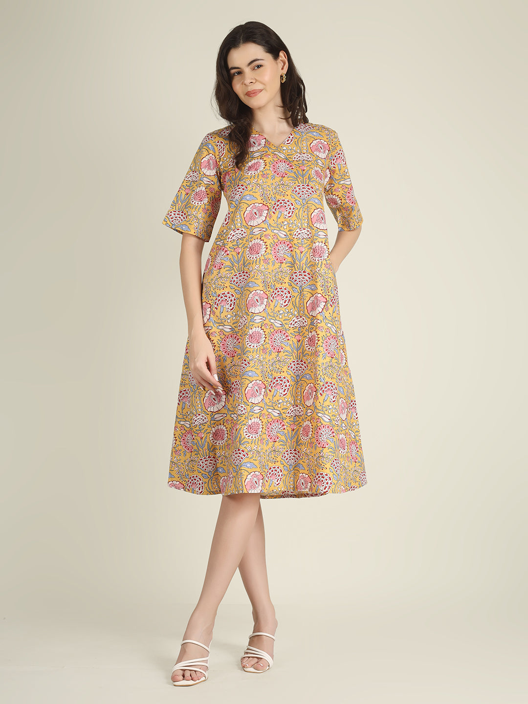 Yellow Printed Half-Sleeve A-Line Cotton Dress