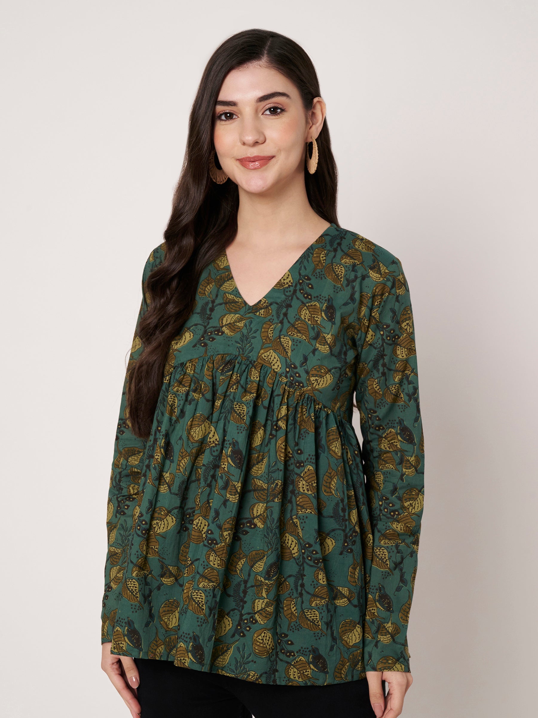 Green Printed Alia-Cut Cotton Top