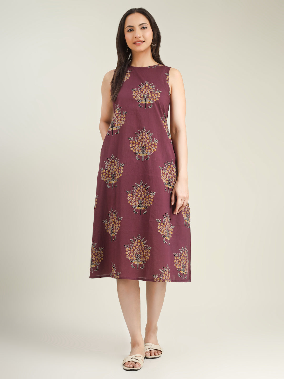Purple Printed Sleeveless A-Line Cotton Dress