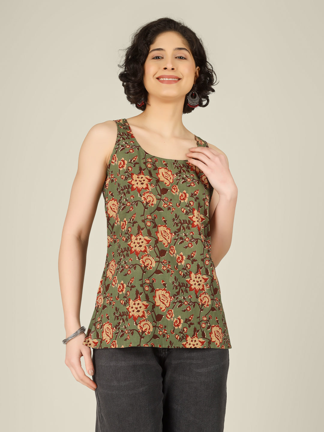 Green Printed Round Neck Sleeveless Cotton Top