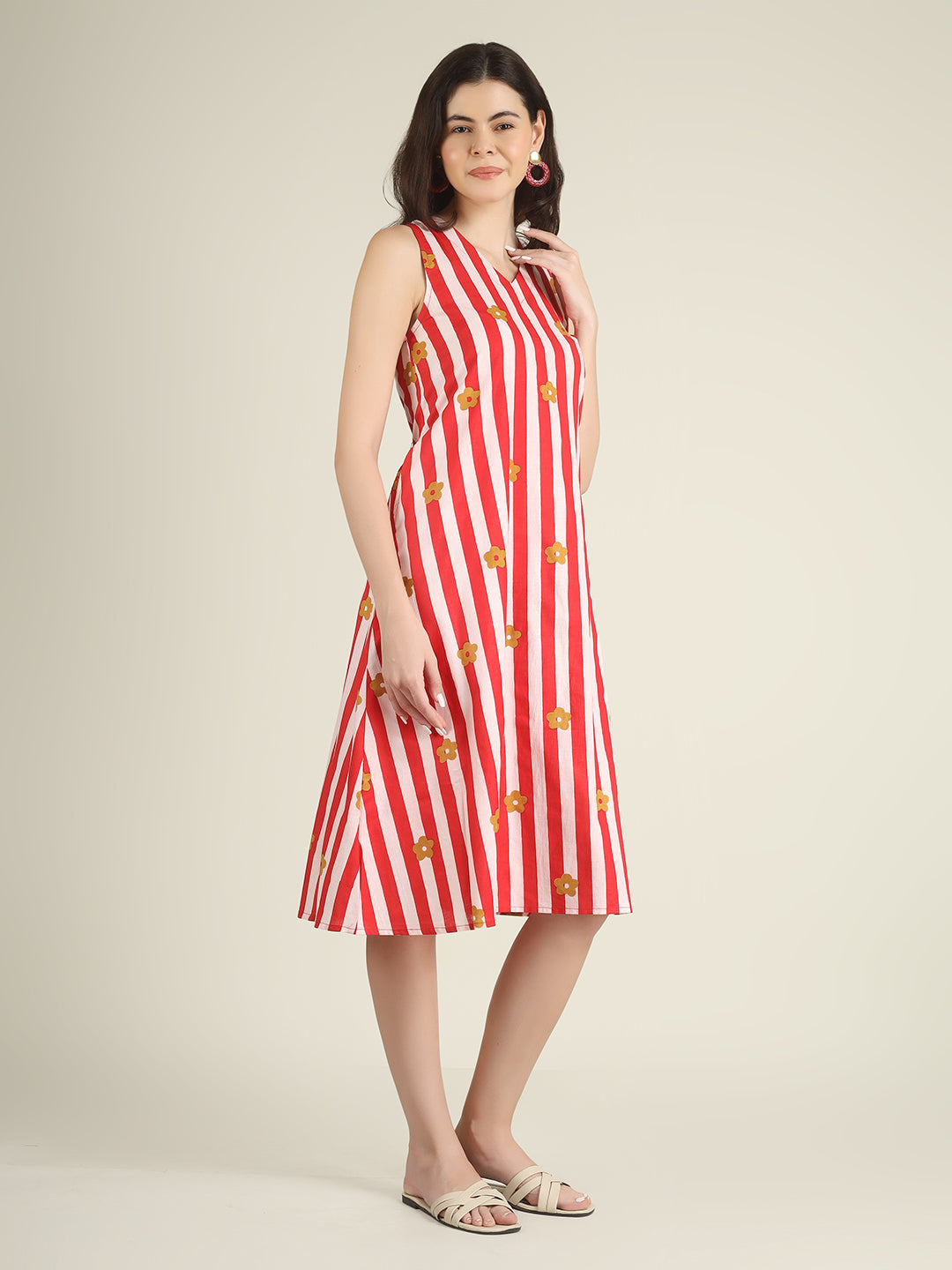 Red Striped Sleeveless V-Neck A-Line Cotton Dress