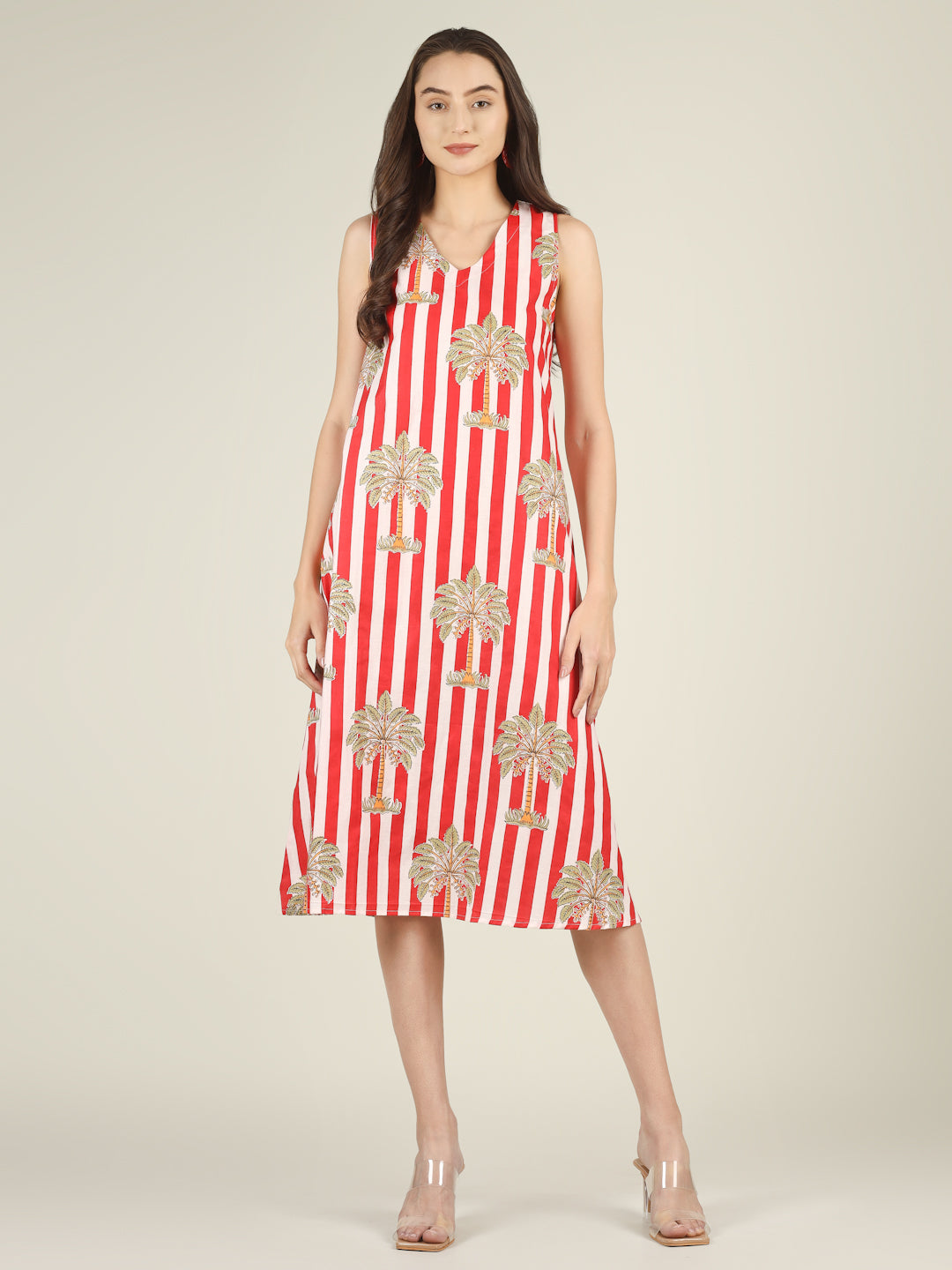 Red Striped V-Neck Sleeveless A-Line Cotton Dress