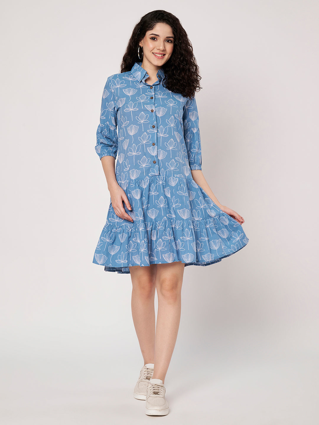 Sky Blue Printed Short Cotton Dress
