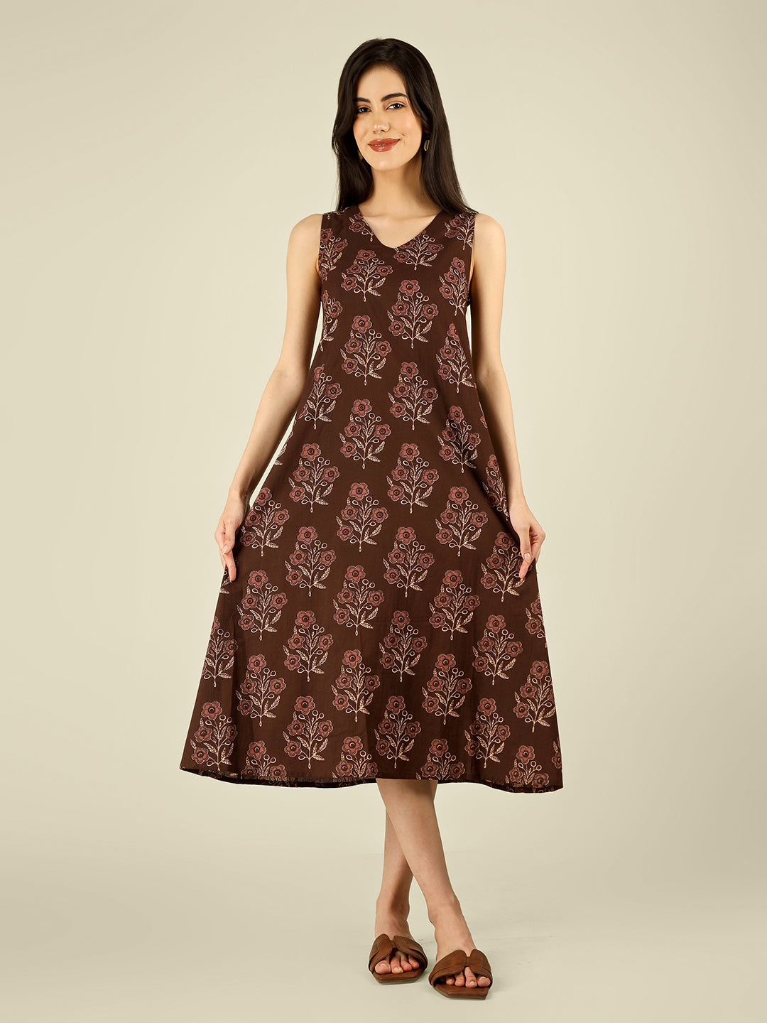 Brown Printed V-Neck Sleeveless A-Line Cotton Dress